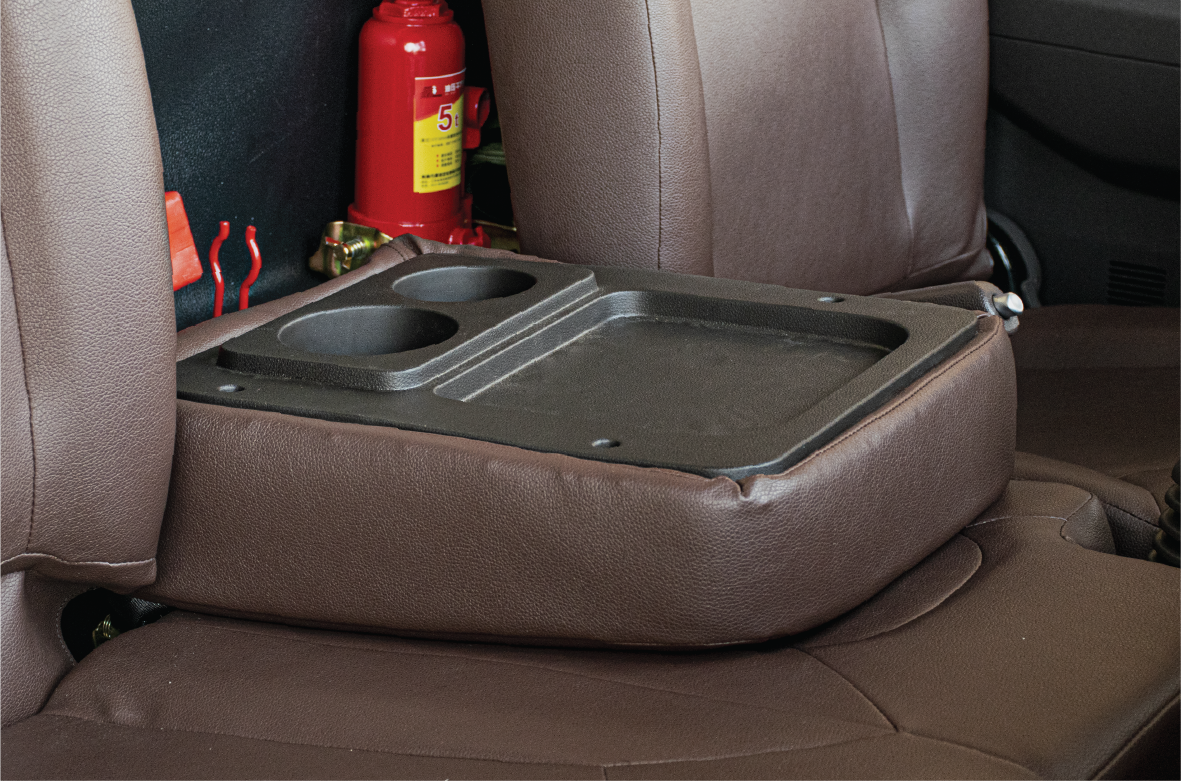 The middle seat folds down for storage